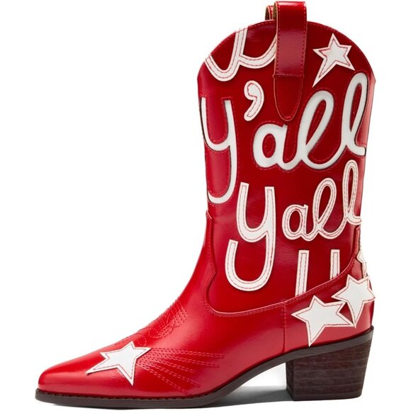 ⚡Women's Red Embroidered Mid Calf Cowgirl Boot Western Pointed Toe Chunky Heel - Picture 3 of 6